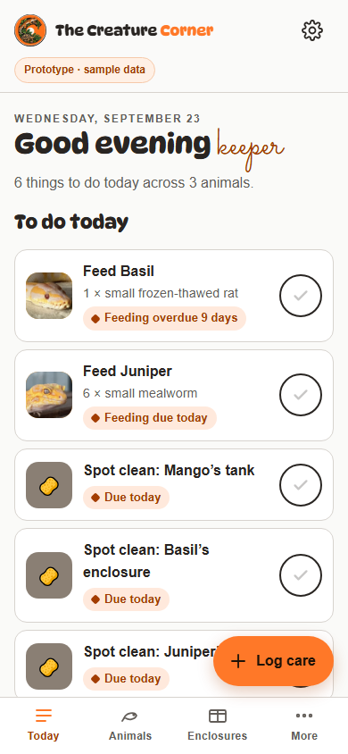 The My reptiles Today screen on a phone, listing feedings and cleaning due with checkmarks to mark each one done