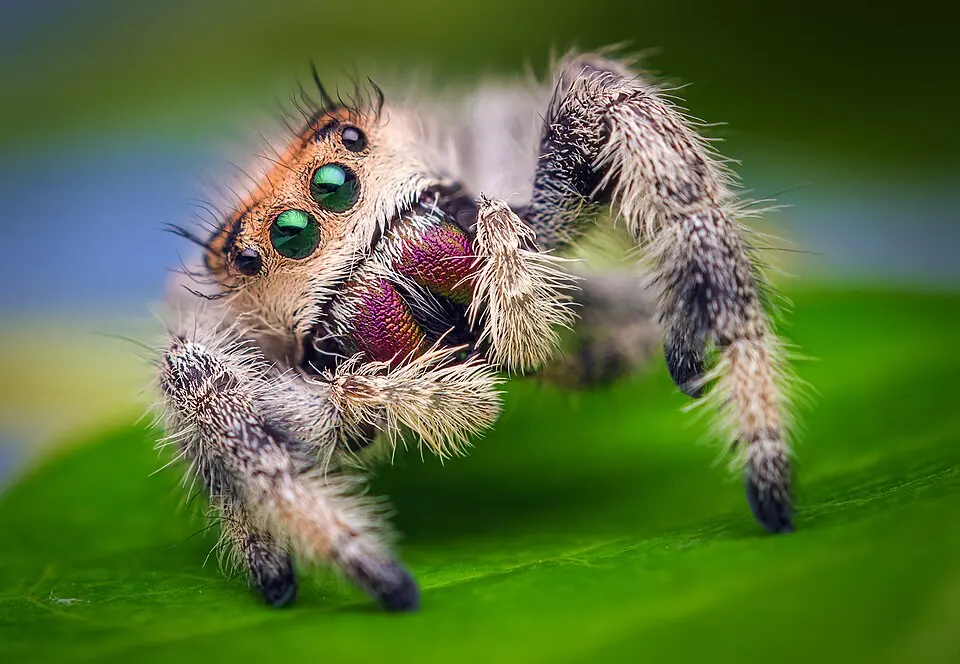 A regal jumping spider in close-up, with its large forward-facing eyes and raised front legs.