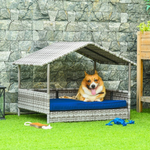 The Rattan Dog House Outdoors With A Canopy, The Rattan Dog Bed With A