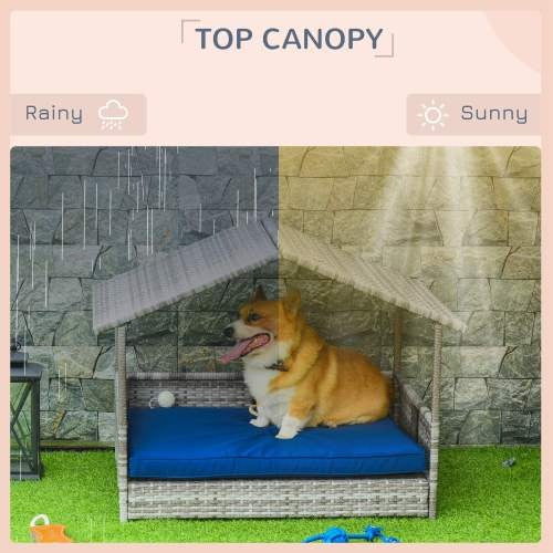 The Rattan Dog House Outdoors With A Canopy, The Rattan Dog Bed With A