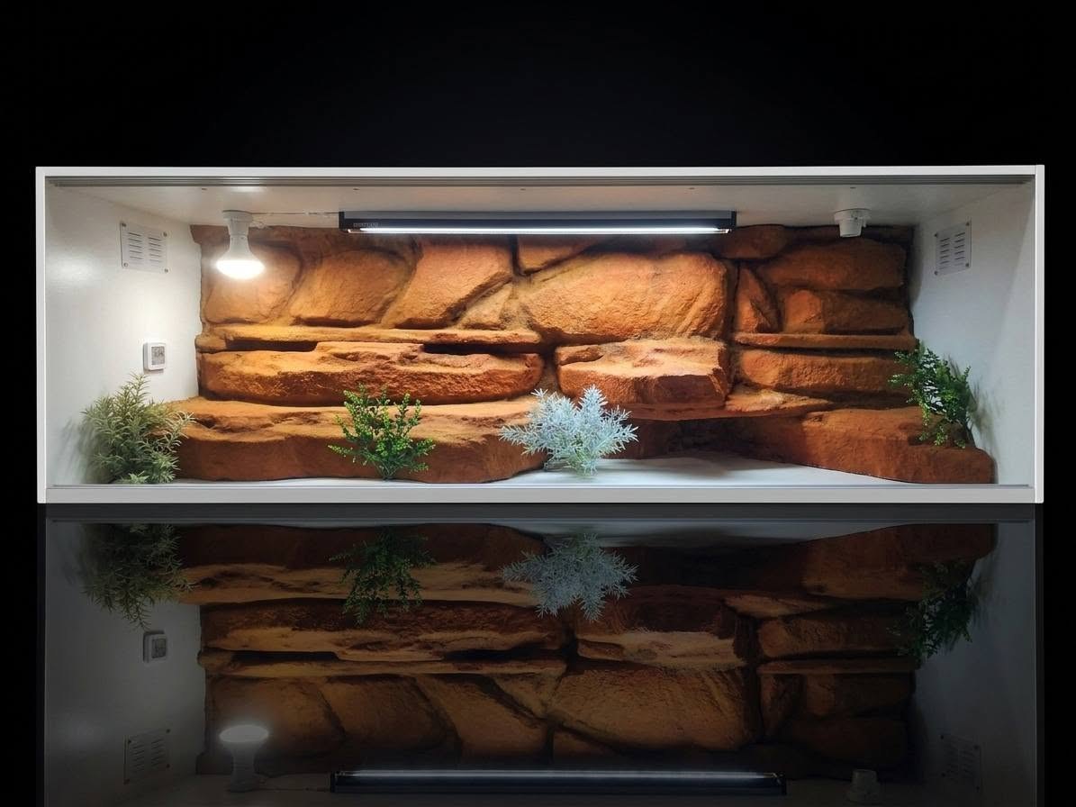 Front view of a white enclosure with broad orange rock ledges and small green plants.