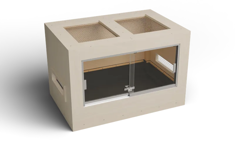 Wooden enclosure with two sliding glass doors and a removable screened roof — optional full-exterior maple finish preview