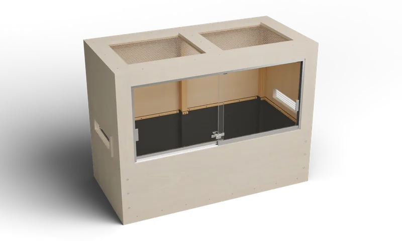 Wooden enclosure with two sliding glass doors and a removable screened roof — optional full-exterior maple finish preview