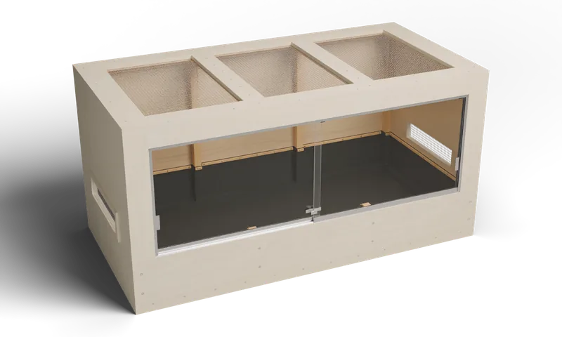 Wooden enclosure with two sliding glass doors and a removable screened roof — optional full-exterior maple finish preview