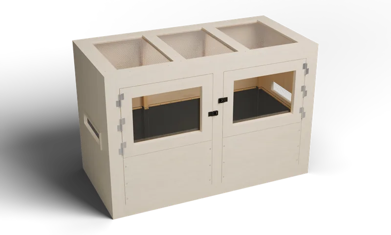 Wooden enclosure with two framed glazed lift-off doors and a removable screened roof — optional full-exterior maple finish preview