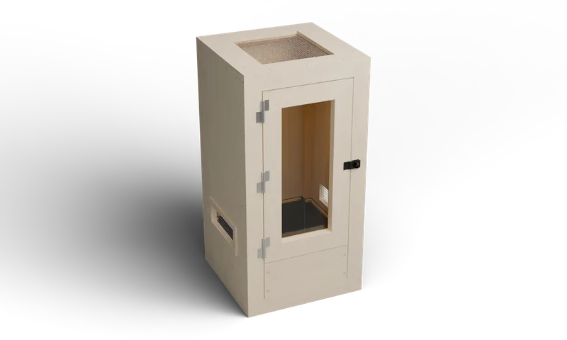 Tall wooden enclosure with one framed glazed lift-off door and a screened roof — optional full-exterior maple finish preview
