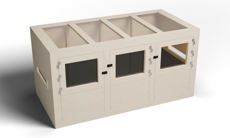 96 × 48 × 48 inch extra-large deep-substrate hinged enclosure with a glazed front and a screened roof — optional full-exterior maple finish preview