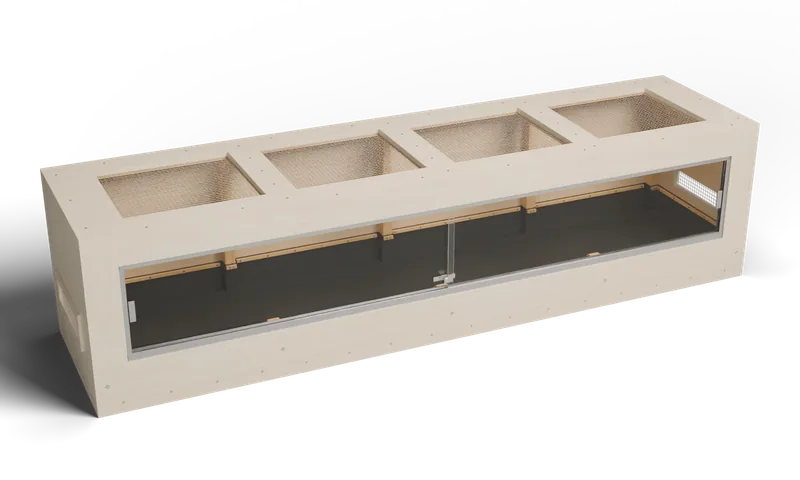 96 × 24 × 24 inch long sliding lined enclosure with a glazed front and a screened roof — optional full-exterior maple finish preview