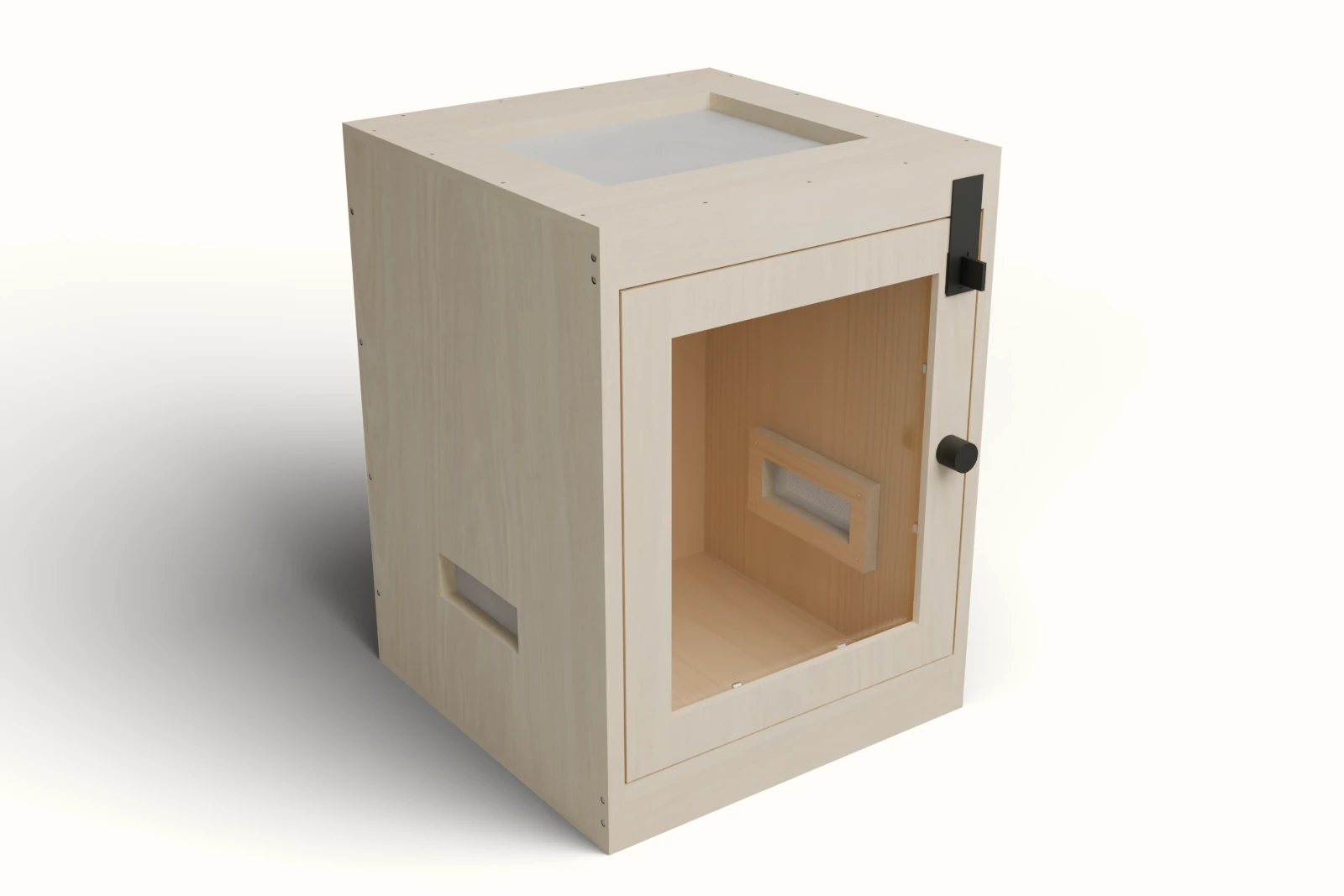 18 × 18 × 24 inch wooden enclosure with a glazed front and a screened roof — optional full-exterior maple finish preview