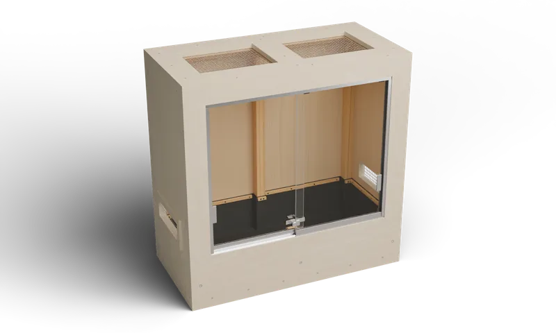 36 × 18 × 36 inch tall sliding enclosure with a glazed front and a screened roof — optional full-exterior maple finish preview