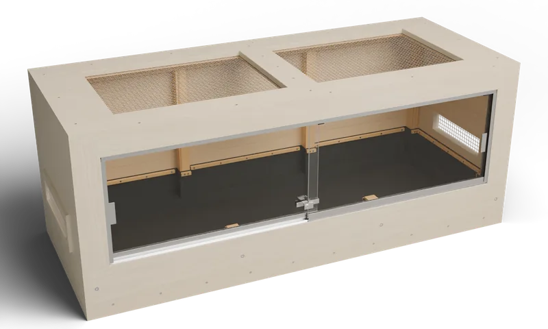60 × 24 × 24 inch long sliding lined enclosure with a glazed front and a screened roof — optional full-exterior maple finish preview