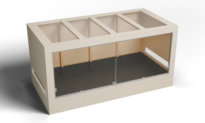 96 × 48 × 48 inch extra-large sliding enclosure with a glazed front and a screened roof — optional full-exterior maple finish preview