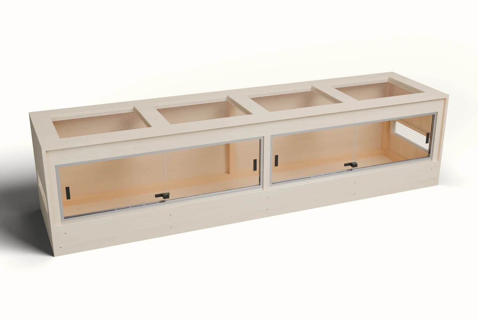 96 × 24 × 24 inch dry-bed sliding enclosure with a glazed front and a screened roof — optional full-exterior maple finish preview