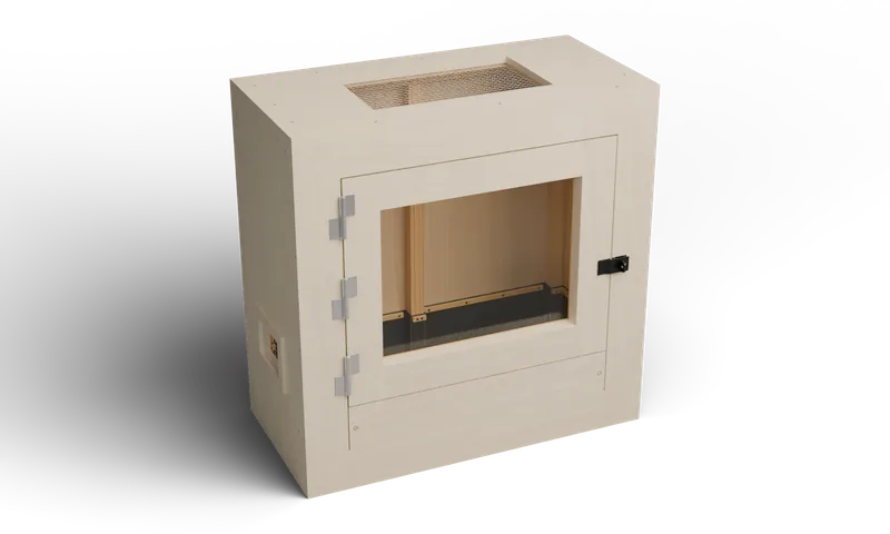 36 × 18 × 36 inch tall hinged enclosure with a glazed front and a screened roof — optional full-exterior maple finish preview