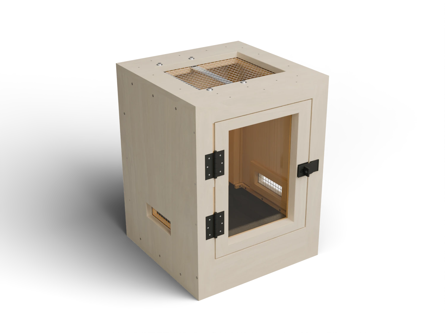 18 × 18 × 24 inch lined hinged enclosure with a glazed front and a screened roof — optional full-exterior maple finish preview