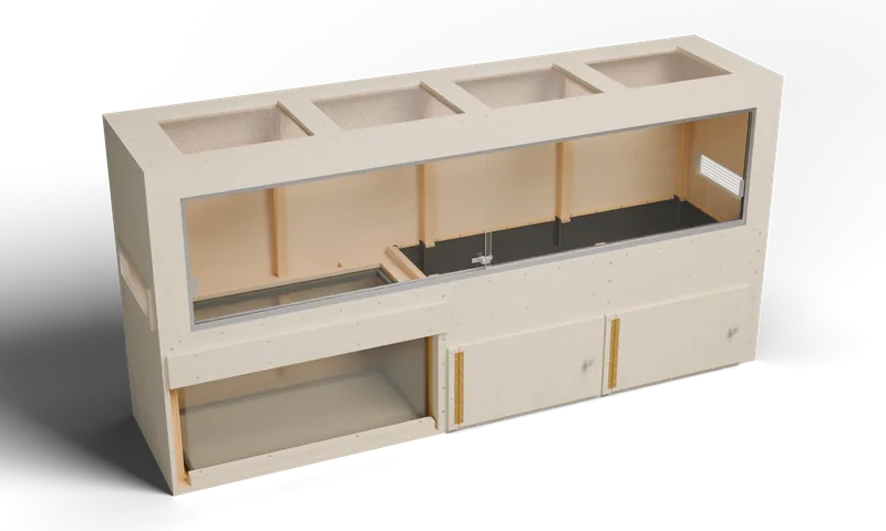 96 × 24 × 48 inch semi-aquatic enclosure with a glazed front and a screened roof — optional full-exterior maple finish preview
