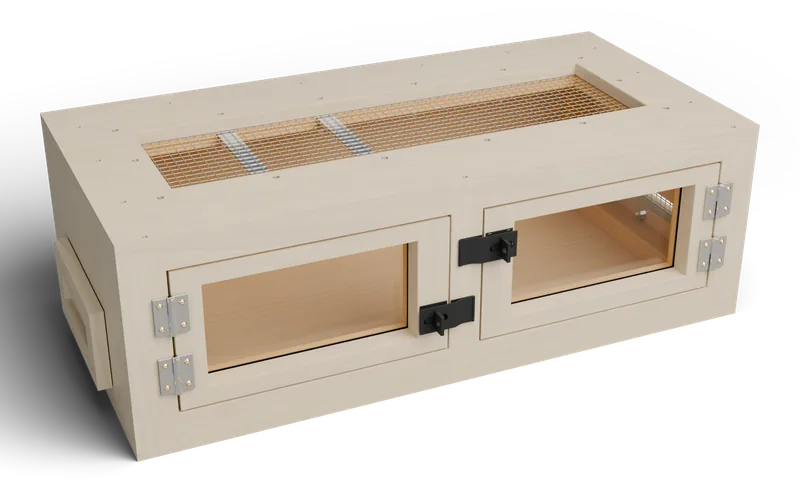 Wooden enclosure with a front viewing door and roof mesh — optional full-exterior maple finish preview