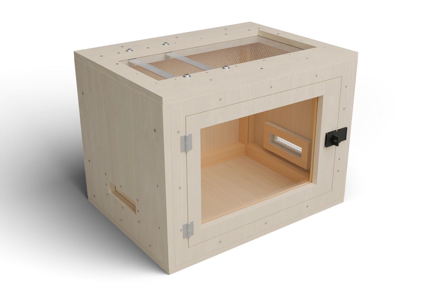 Wooden enclosure with a front viewing door and roof mesh — optional full-exterior maple finish preview