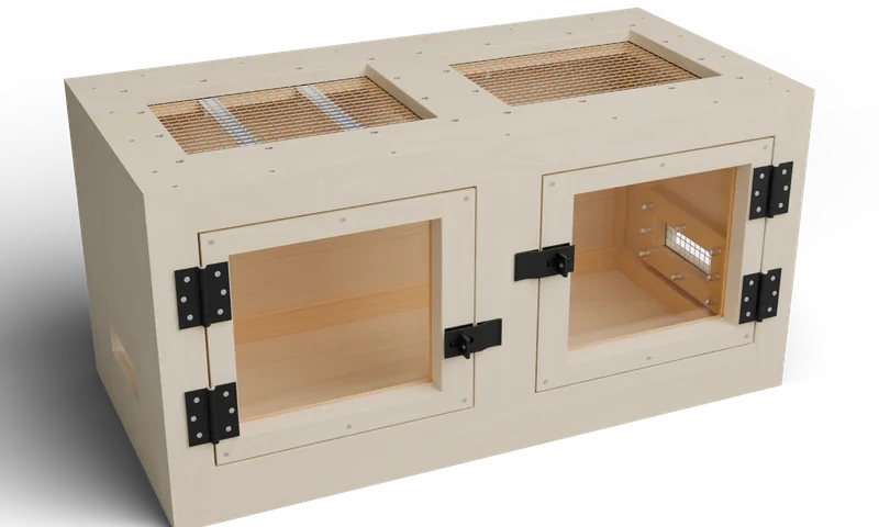 Wooden enclosure with a front viewing door and roof mesh — optional full-exterior maple finish preview