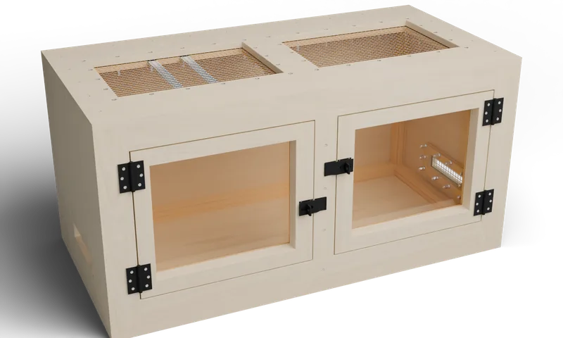 Wooden enclosure with a front viewing door and roof mesh — optional full-exterior maple finish preview