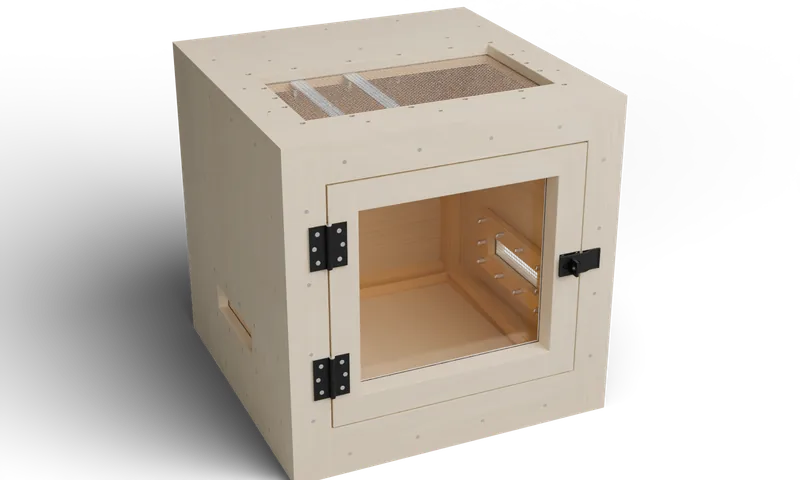 Wooden enclosure with a front viewing door and roof mesh — optional full-exterior maple finish preview