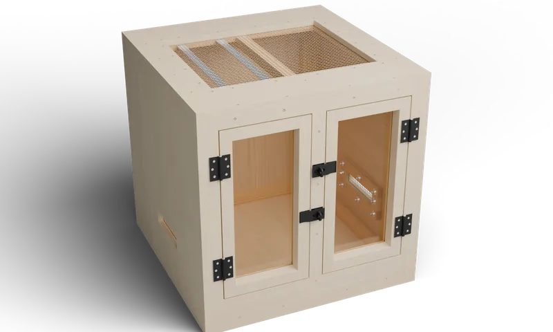 Wooden enclosure with a front viewing door and roof mesh — optional full-exterior maple finish preview