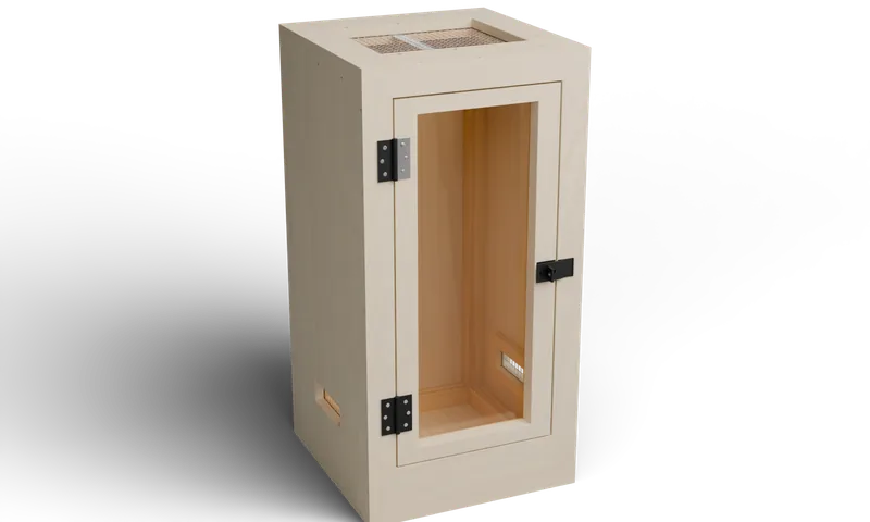Wooden enclosure with a front viewing door and roof mesh — optional full-exterior maple finish preview