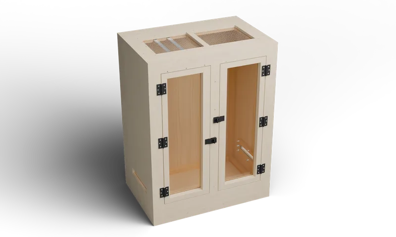 Wooden enclosure with a front viewing door and roof mesh — optional full-exterior maple finish preview