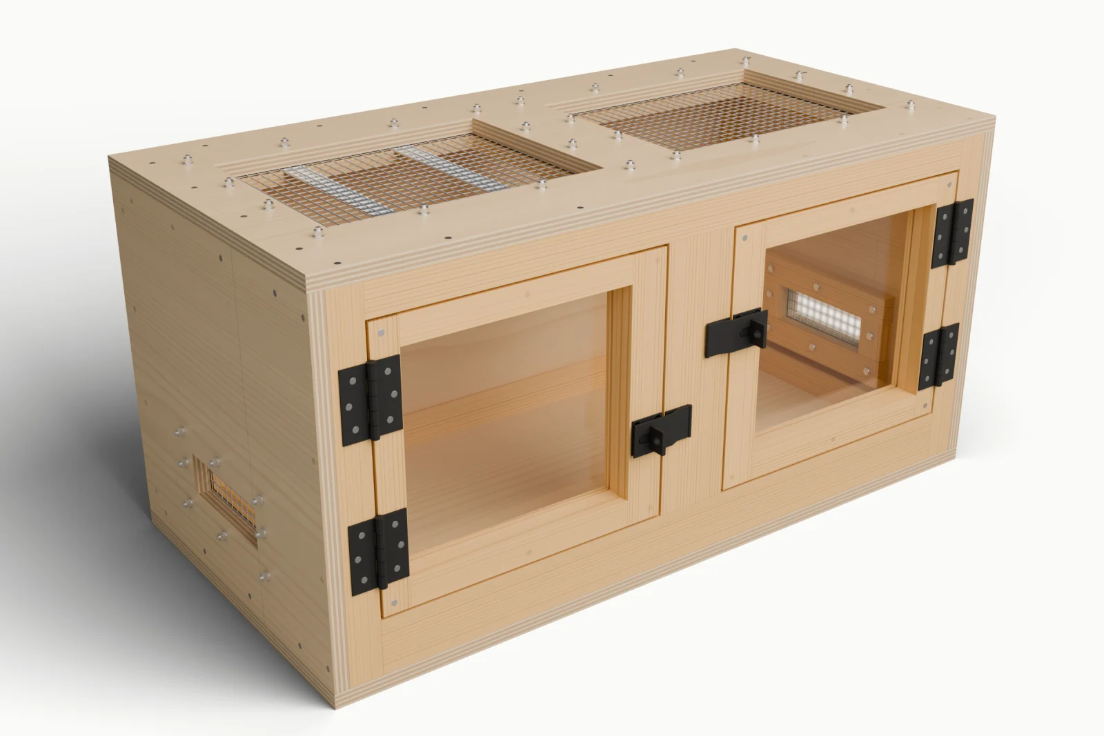 Rendered example of the 36 × 18 × 18 inch wooden enclosure