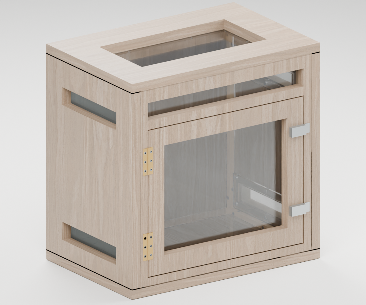 Oak-veneered slim enclosure with fixed upper glazing, a lower front door and fine side ventilation